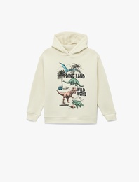 Şardonlu Dinozor Baskılı Uzun Kollu Kapşonlu Sweatshirt