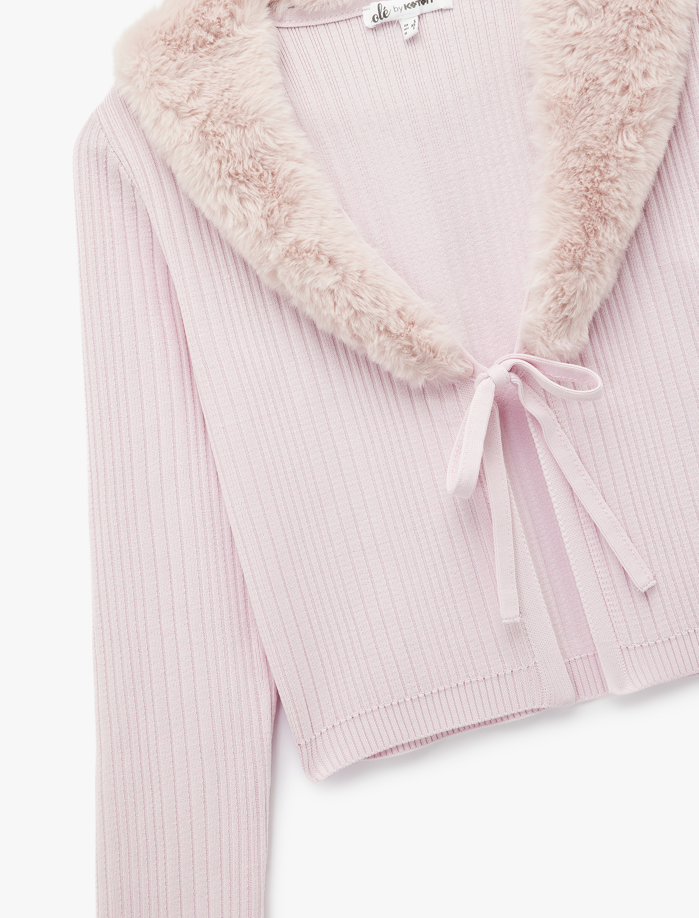   Suni Kürklü Yaka Fiyonklu Bağlama Detaylı Slim Fit Crop Triko Hırka