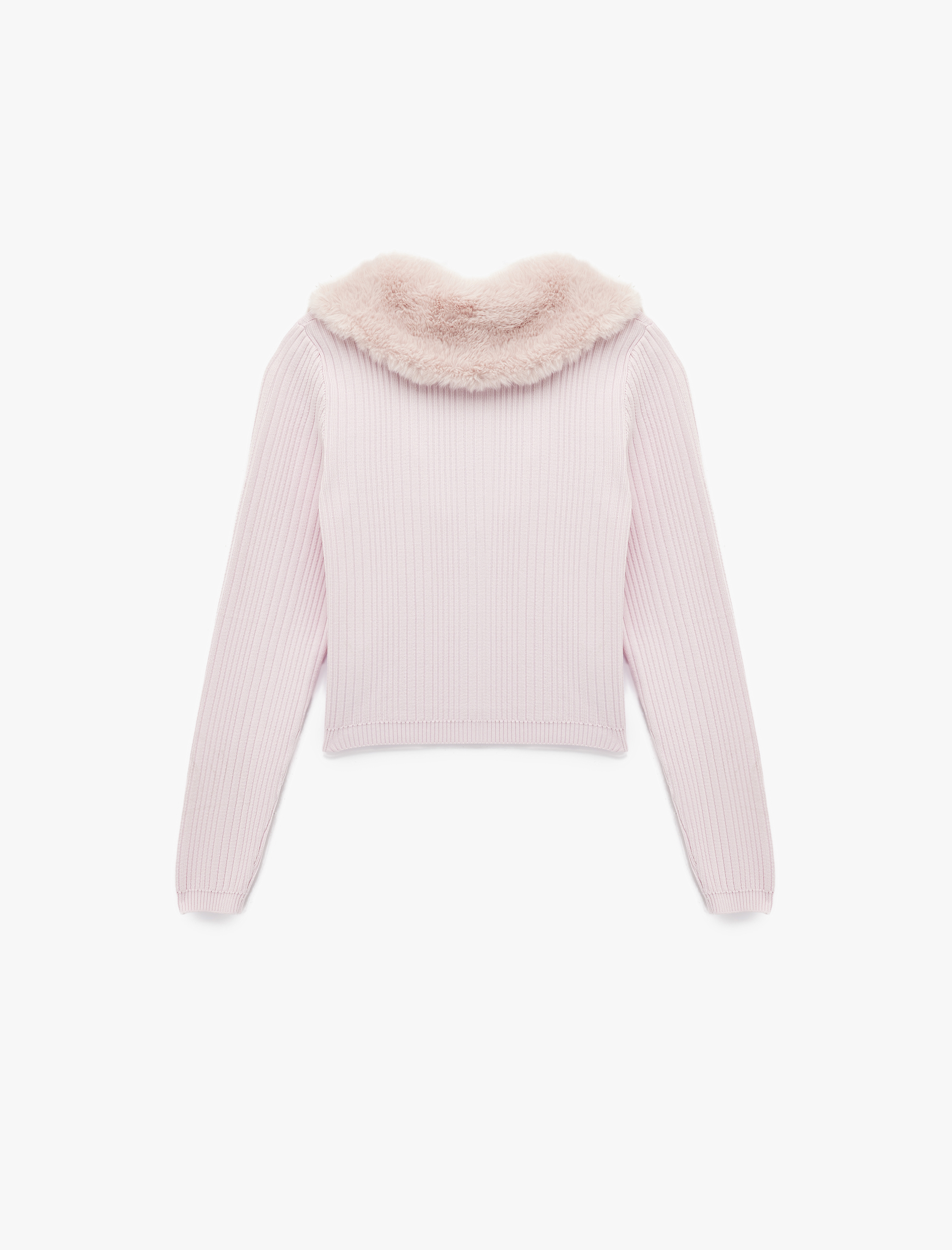   Suni Kürklü Yaka Fiyonklu Bağlama Detaylı Slim Fit Crop Triko Hırka