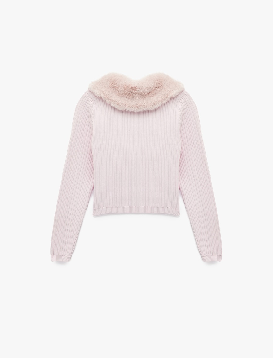   Suni Kürklü Yaka Fiyonklu Bağlama Detaylı Slim Fit Crop Triko Hırka