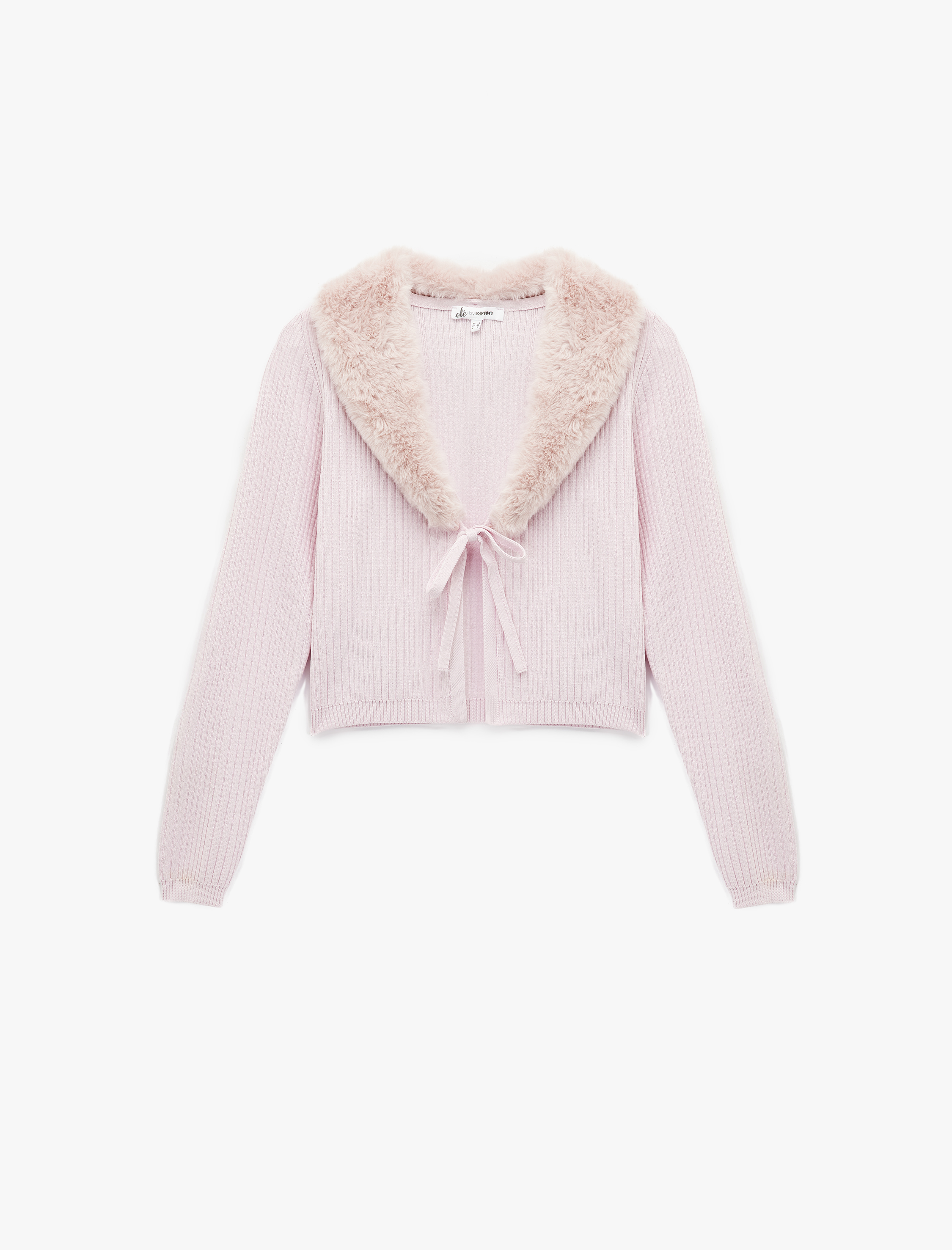   Suni Kürklü Yaka Fiyonklu Bağlama Detaylı Slim Fit Crop Triko Hırka