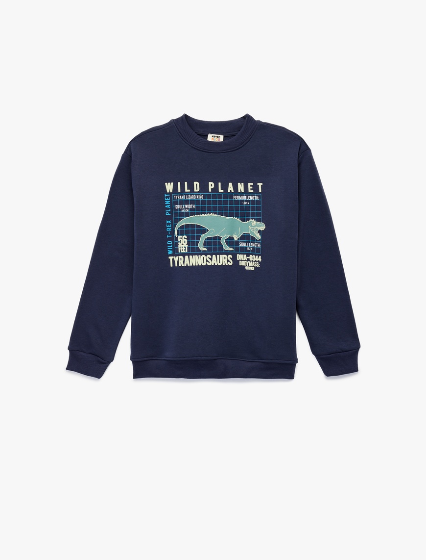  Erkek Çocuk Dinozor Baskılı Şardonlu Uzun Kollu Bisiklet Yaka Sweatshirt