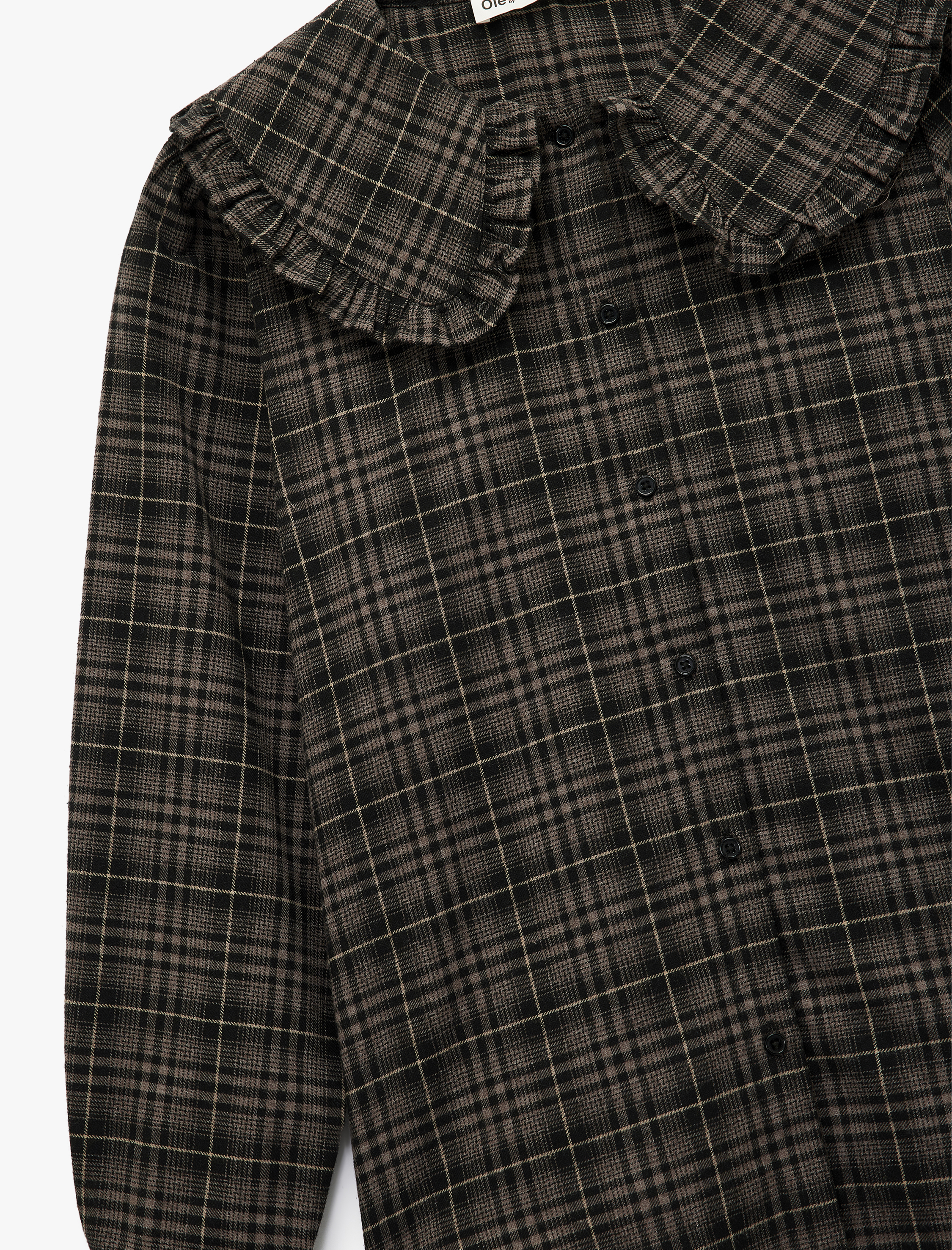   Viskon Karışımlı Fırfırlı Bebe Yaka Uzun Kollu Düğmeli Ekoseli Gömlek