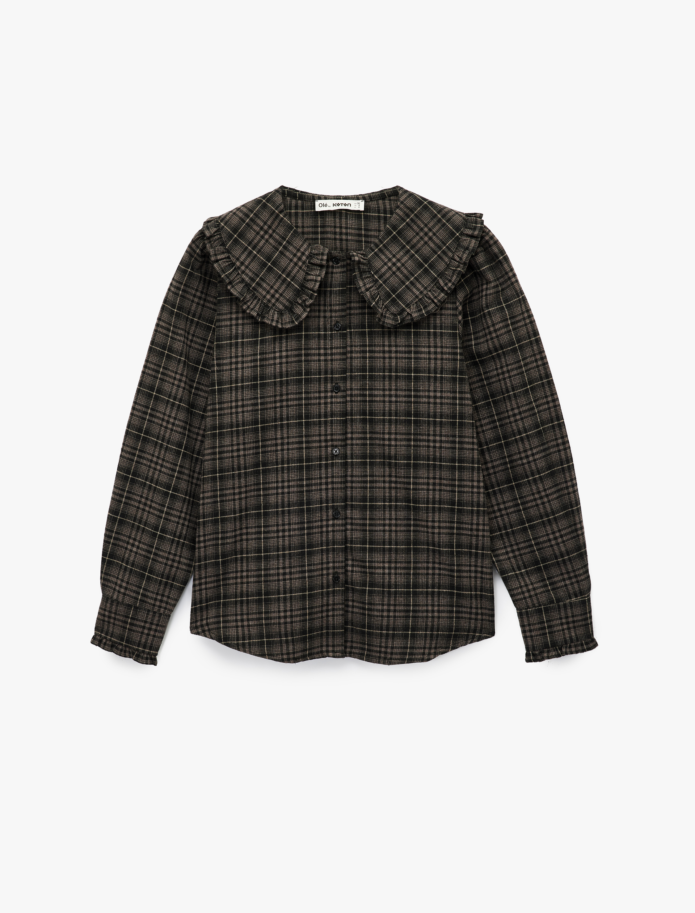   Viskon Karışımlı Fırfırlı Bebe Yaka Uzun Kollu Düğmeli Ekoseli Gömlek