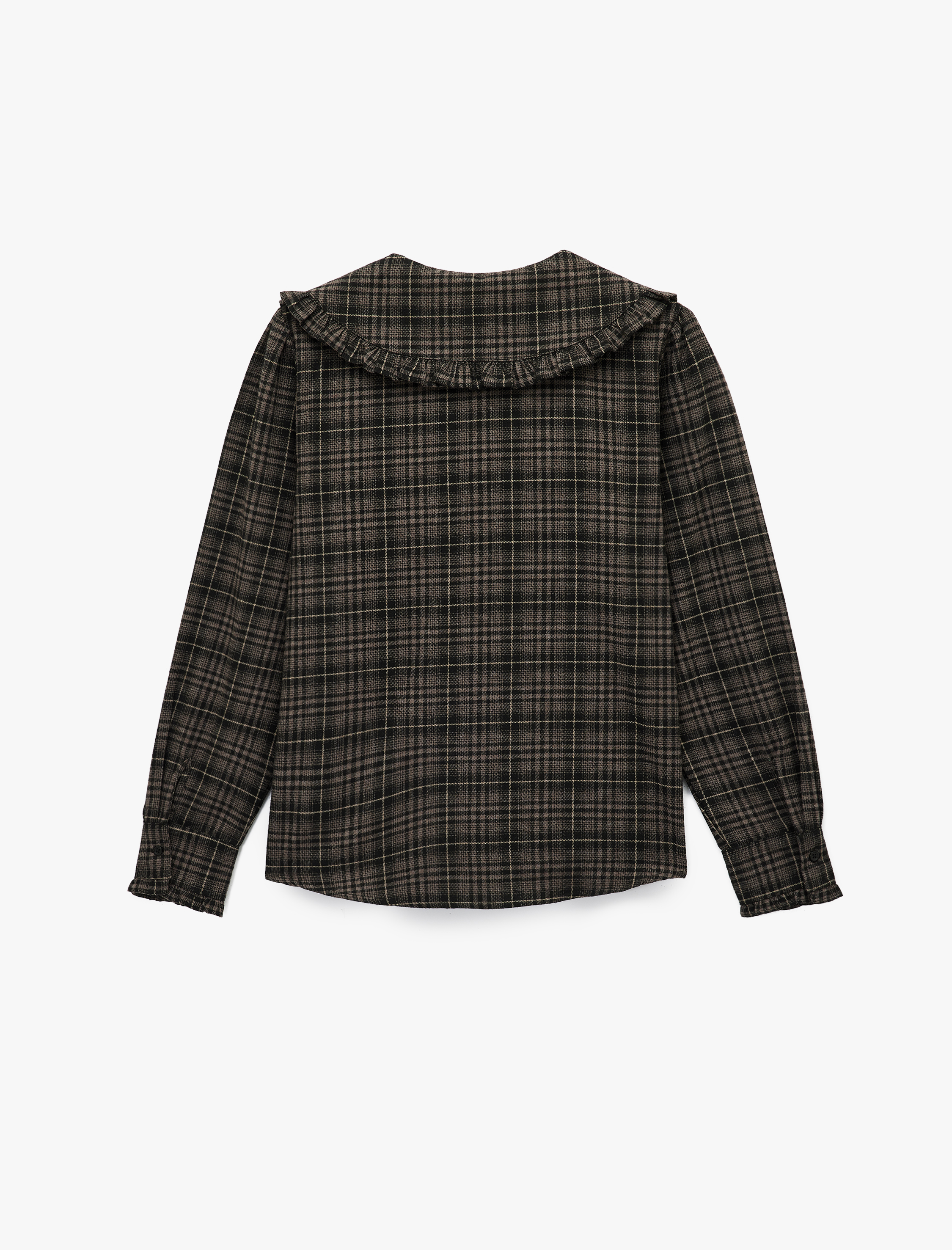   Viskon Karışımlı Fırfırlı Bebe Yaka Uzun Kollu Düğmeli Ekoseli Gömlek