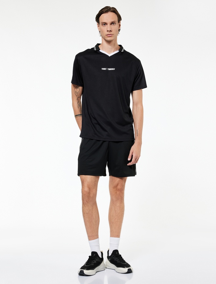  Beli Bağlamalı Cepli Yanları Şerit Detaylı Kısa Spor Şort