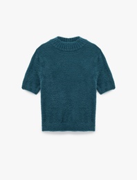 Hafif Dik Yaka Kısa Kollu Triko Peluş Kazak