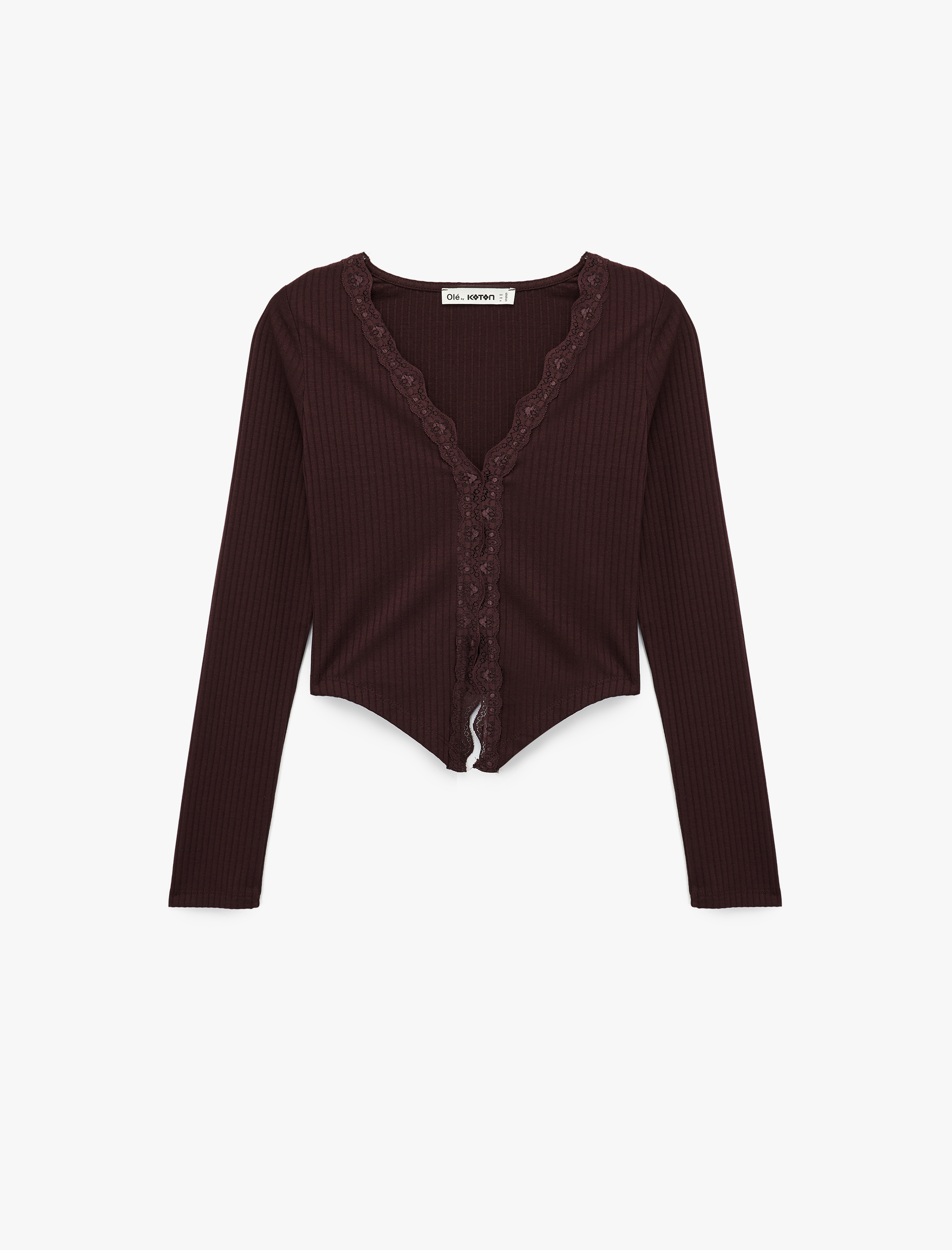   Kaşkorse Dantel Detaylı V Yaka Uzun Kollu Düğmeli Asimetrik Crop Tişört