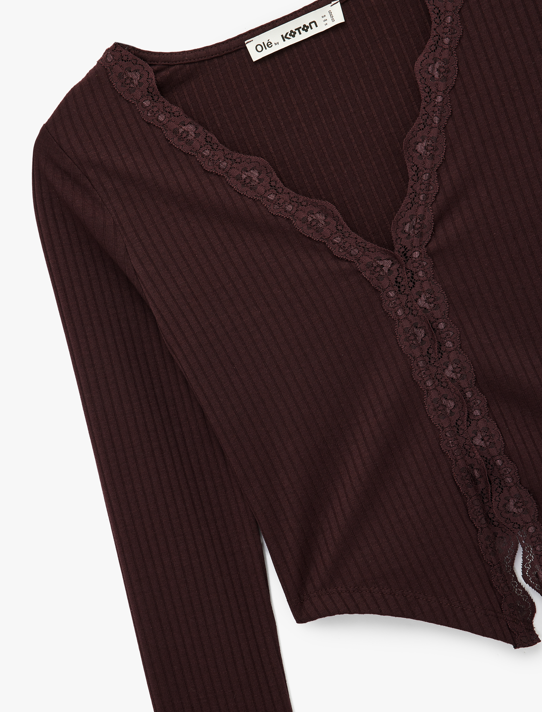   Kaşkorse Dantel Detaylı V Yaka Uzun Kollu Düğmeli Asimetrik Crop Tişört