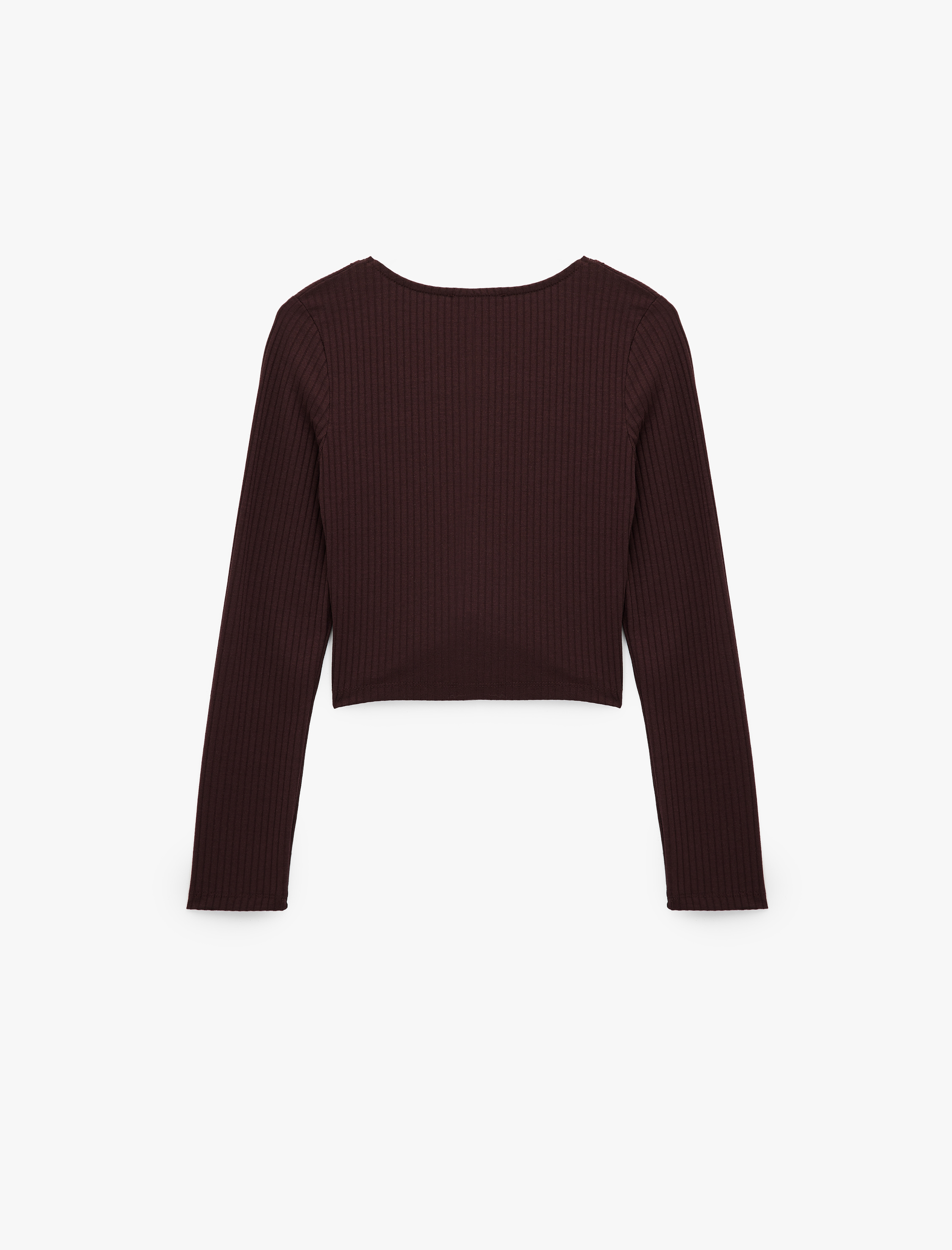   Kaşkorse Dantel Detaylı V Yaka Uzun Kollu Düğmeli Asimetrik Crop Tişört