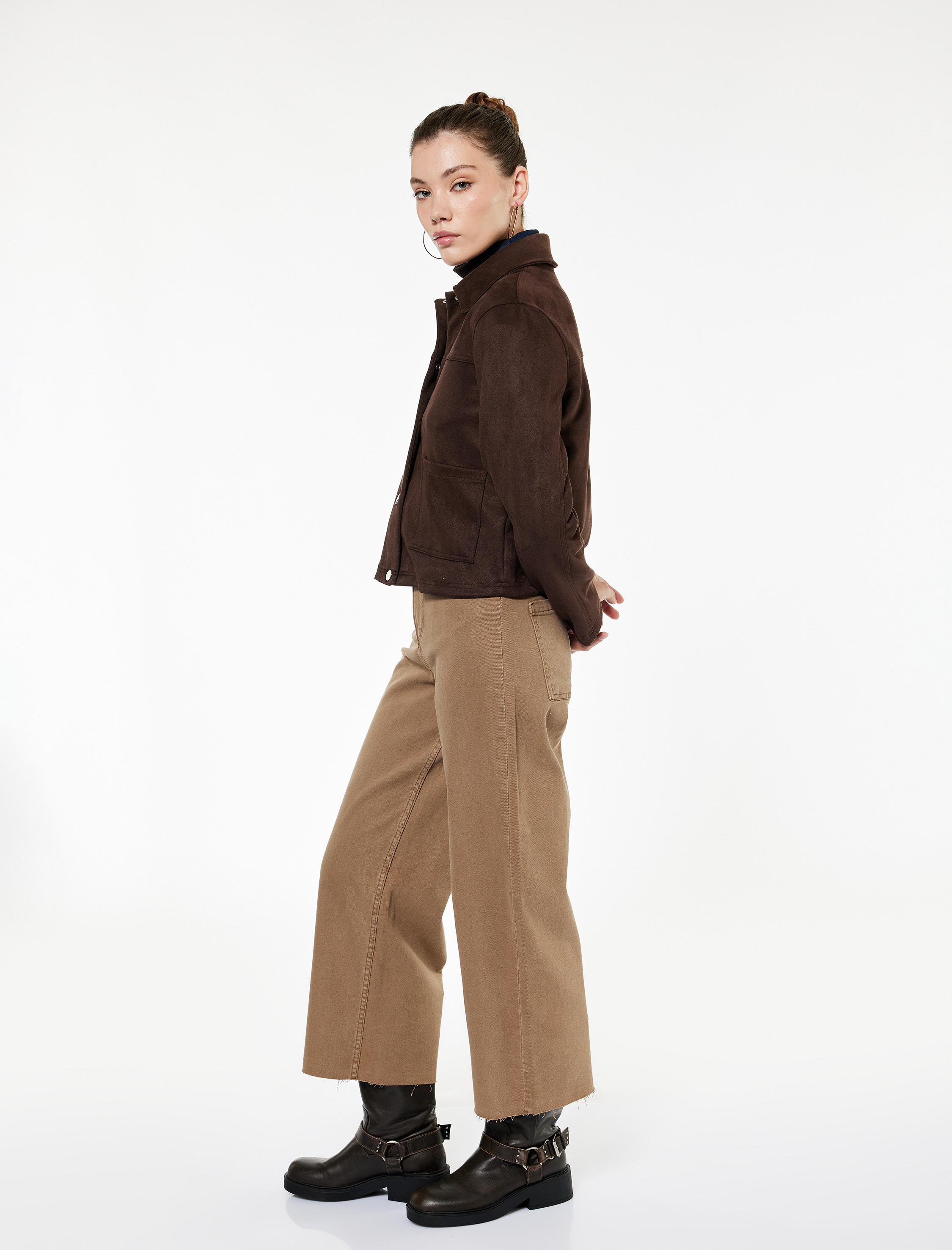   Yüksek Bel Düğmeli Cepli Rahat Kalıp Geniş Paça Denim Pantolon - Culotte Jeans