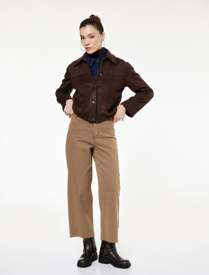  Yüksek Bel Düğmeli Cepli Rahat Kalıp Geniş Paça Denim Pantolon - Culotte Jeans