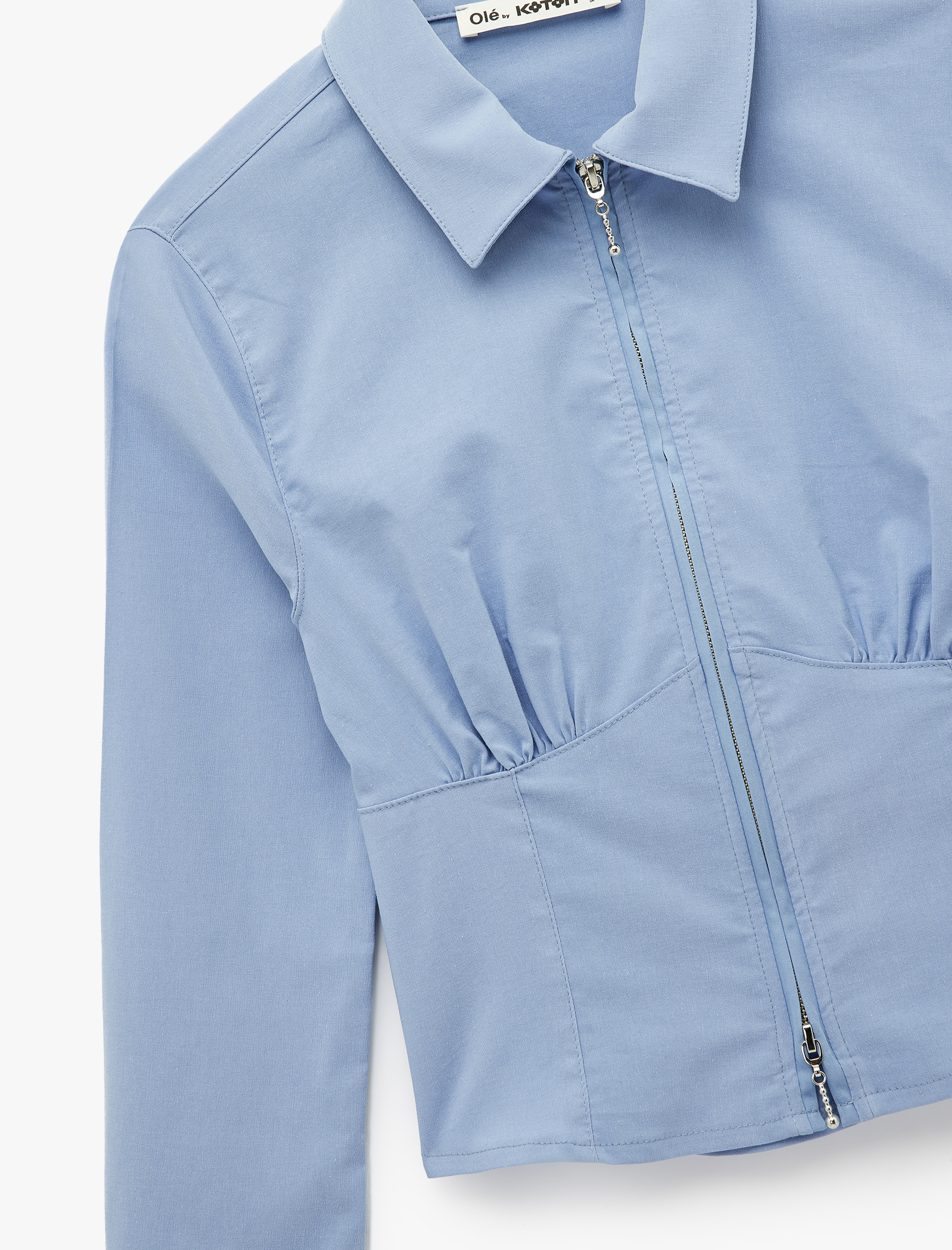   Klasik Yaka Korse Görünümlü Slim Fit Uzun Kollu Crop Fermuarlı Gömlek