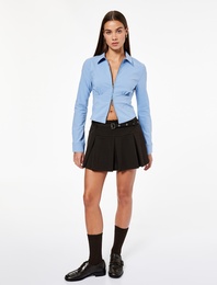 Klasik Yaka Korse Görünümlü Slim Fit Uzun Kollu Crop Fermuarlı Gömlek
