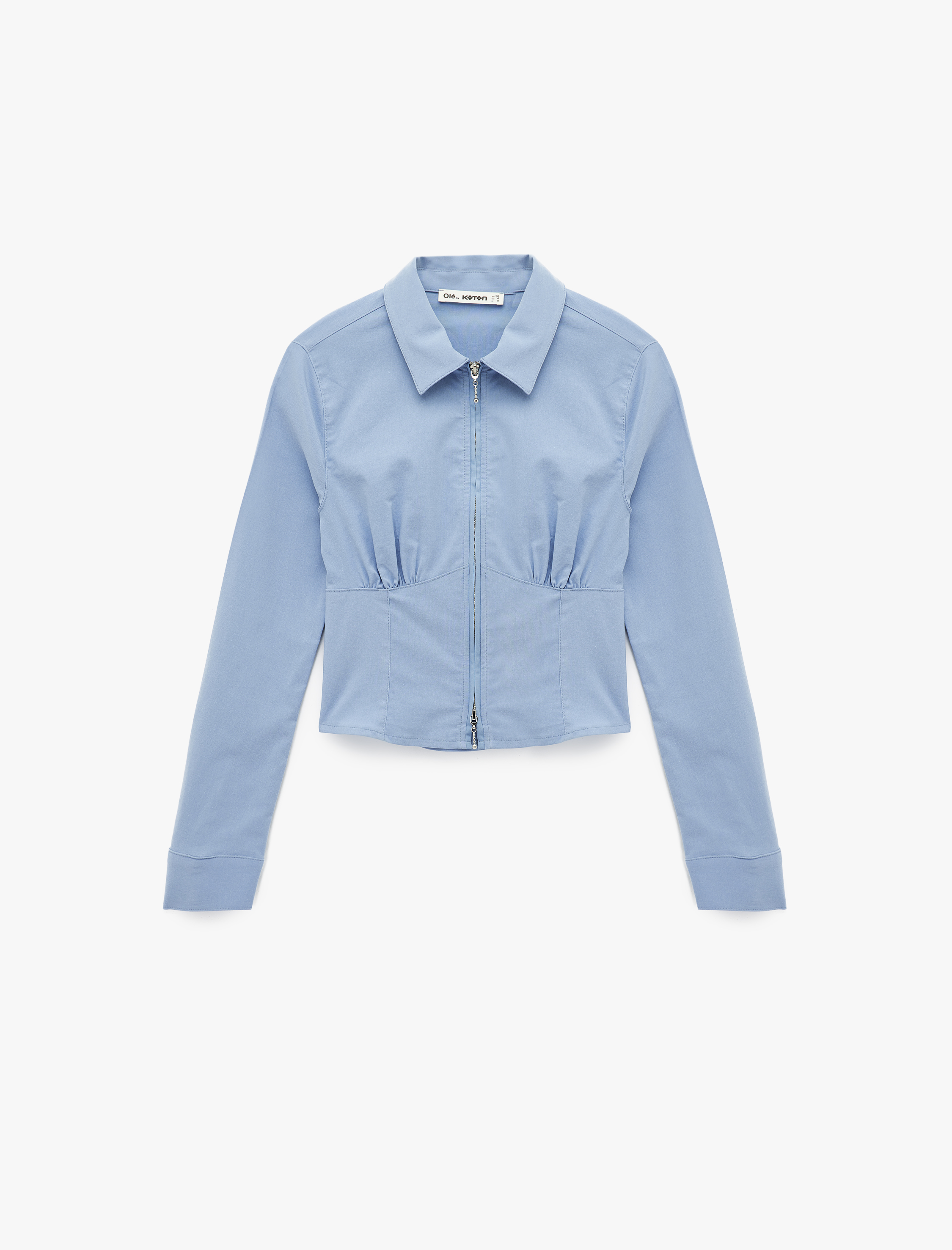   Klasik Yaka Korse Görünümlü Slim Fit Uzun Kollu Crop Fermuarlı Gömlek