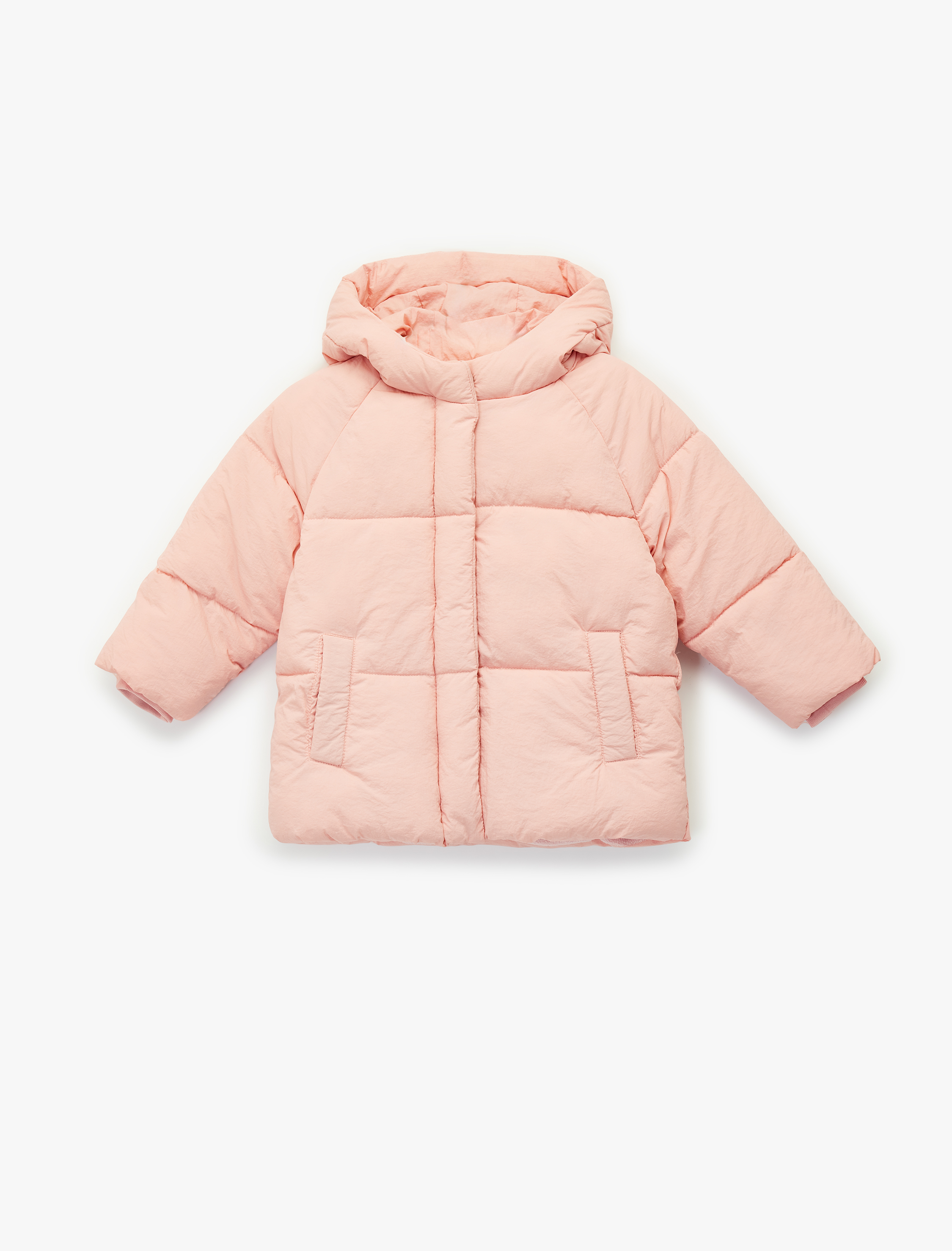  Kız Bebek Kapşonlu Cepli Uzun Kollu Fermuarlı Şişme Mont