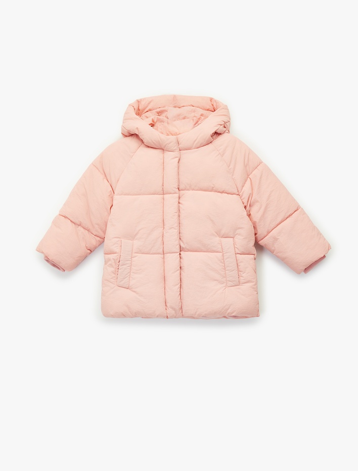 Kız Bebek Kapşonlu Cepli Uzun Kollu Fermuarlı Şişme Mont