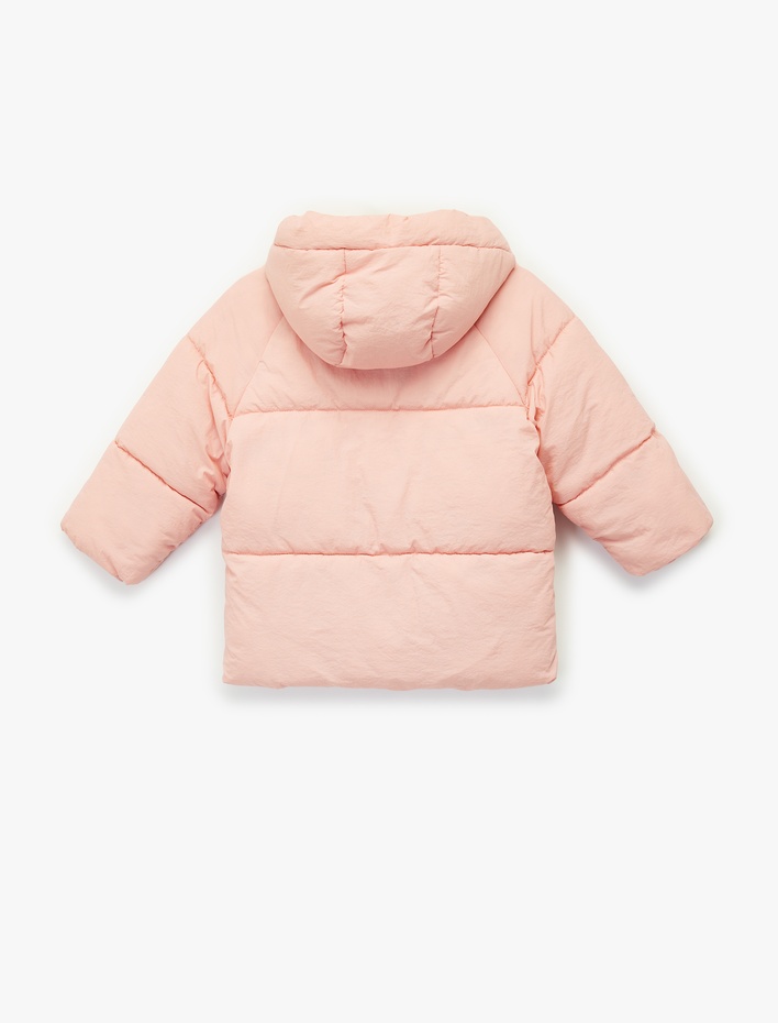 Kız Bebek Kapşonlu Cepli Uzun Kollu Fermuarlı Şişme Mont