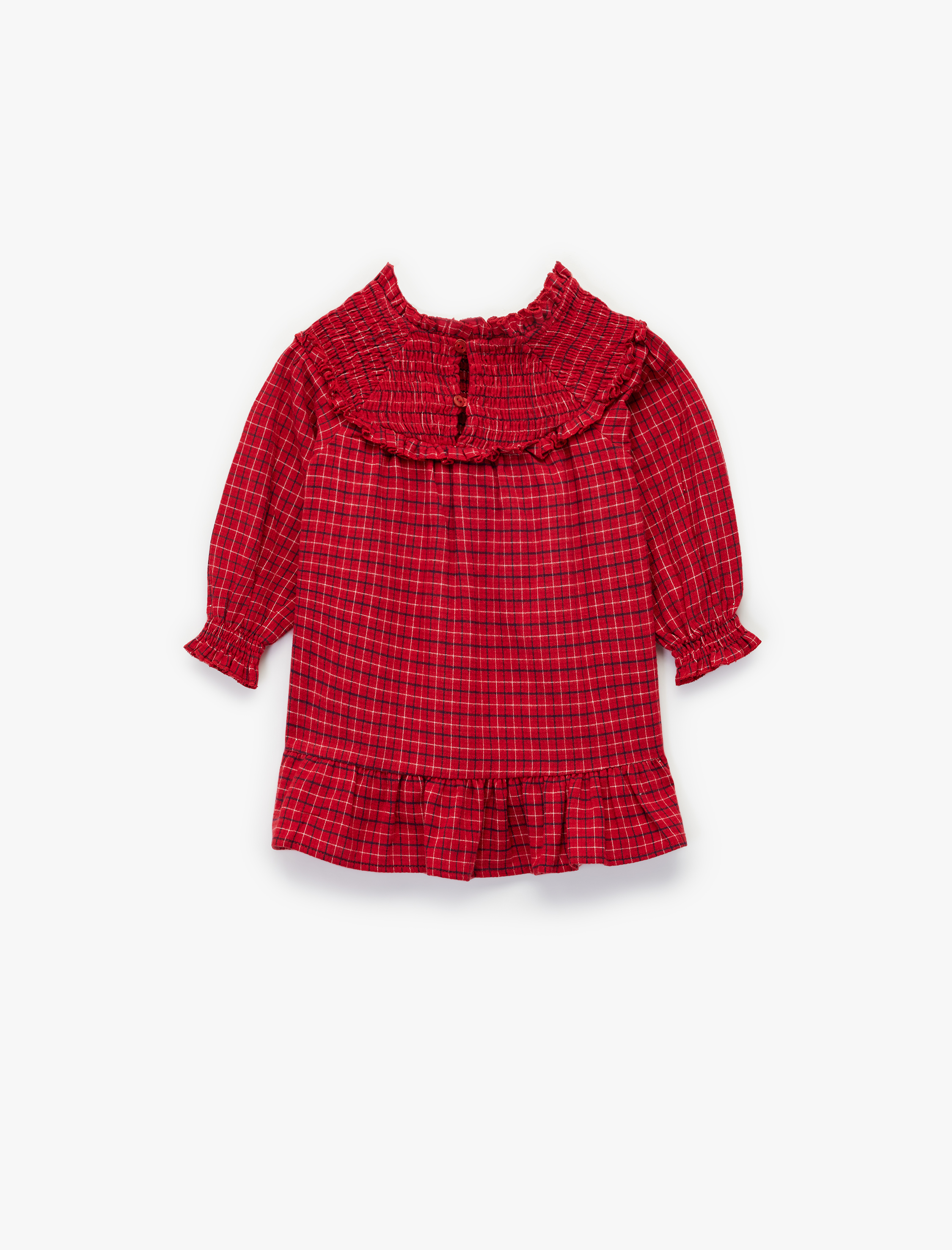  Kız Bebek Pamuklu Fırfırlı Yaka Uzun Kollu Ekose Elbise