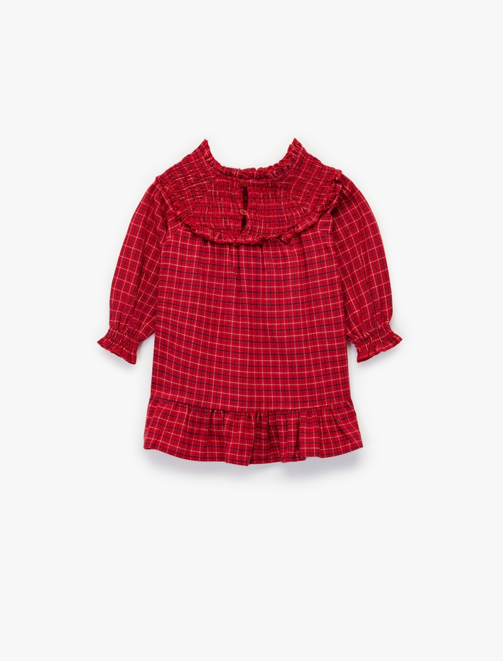 Kız Bebek Pamuklu Fırfırlı Yaka Uzun Kollu Ekose Elbise