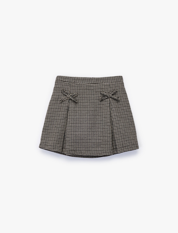 Kız Bebek Fiyonk Detaylı Pamuklu A Kesim Kazayağı Desenli Şortlu Etek