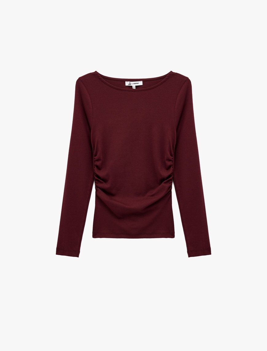   Pamuklu Slim Fit Kayık Yaka Drapeli Uzun Kollu Tişört
