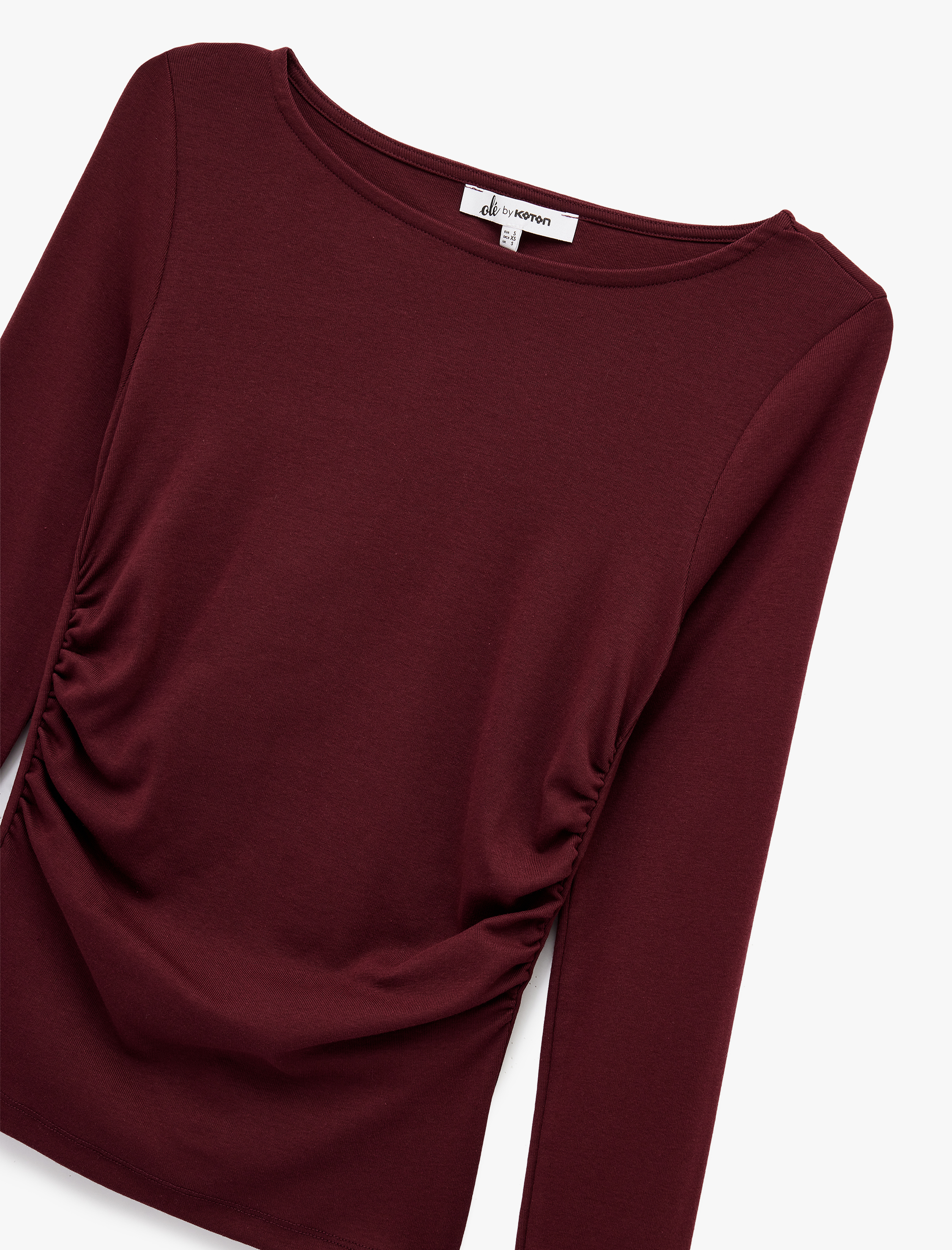   Pamuklu Slim Fit Kayık Yaka Drapeli Uzun Kollu Tişört