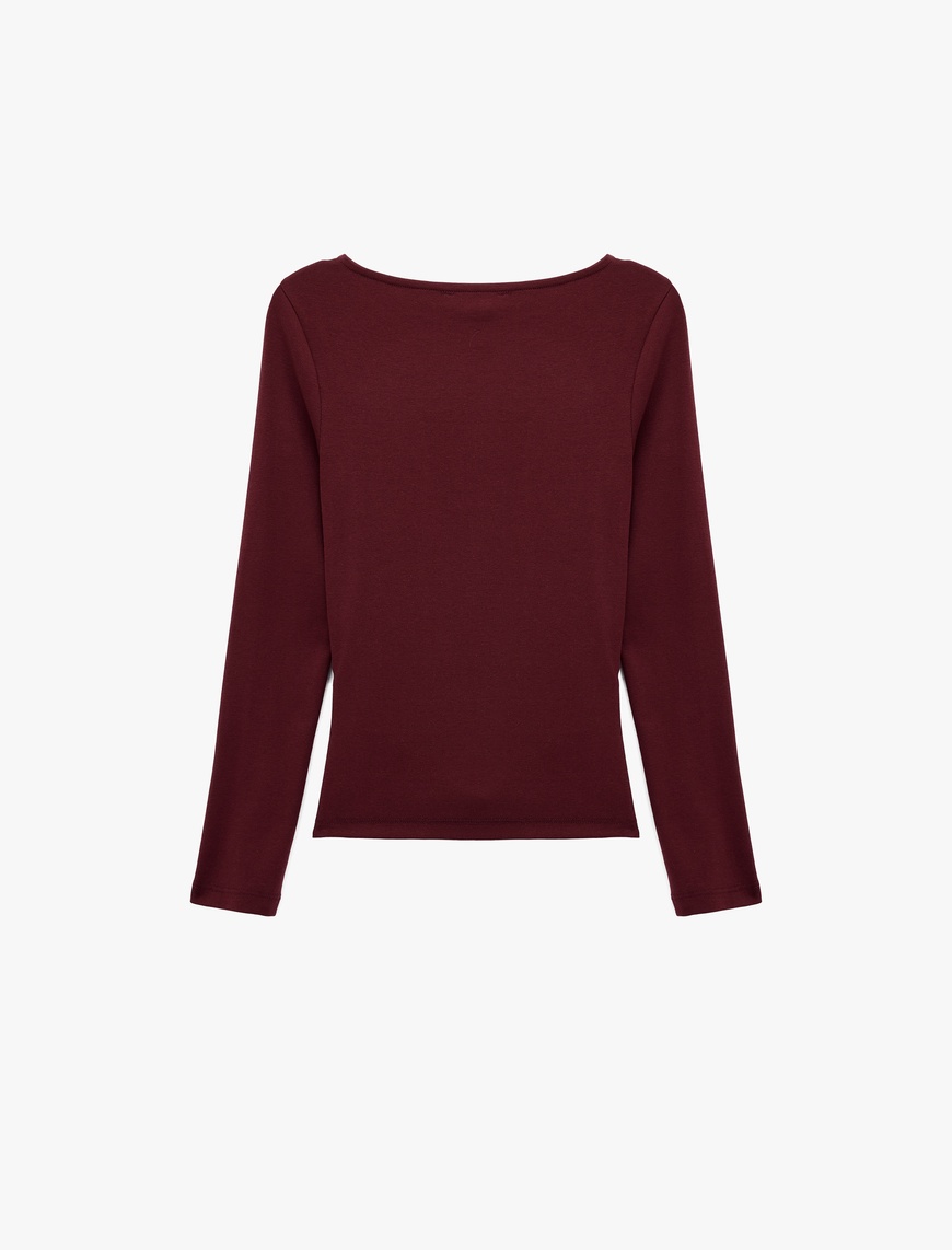   Pamuklu Slim Fit Kayık Yaka Drapeli Uzun Kollu Tişört