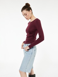 Pamuklu Slim Fit Kayık Yaka Drapeli Uzun Kollu Tişört