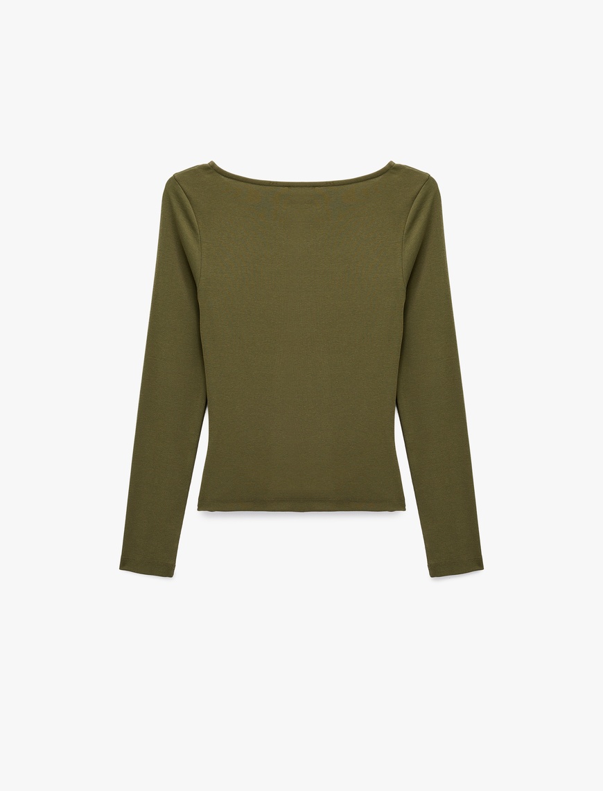   Pamuklu Slim Fit Kayık Yaka Drapeli Uzun Kollu Tişört