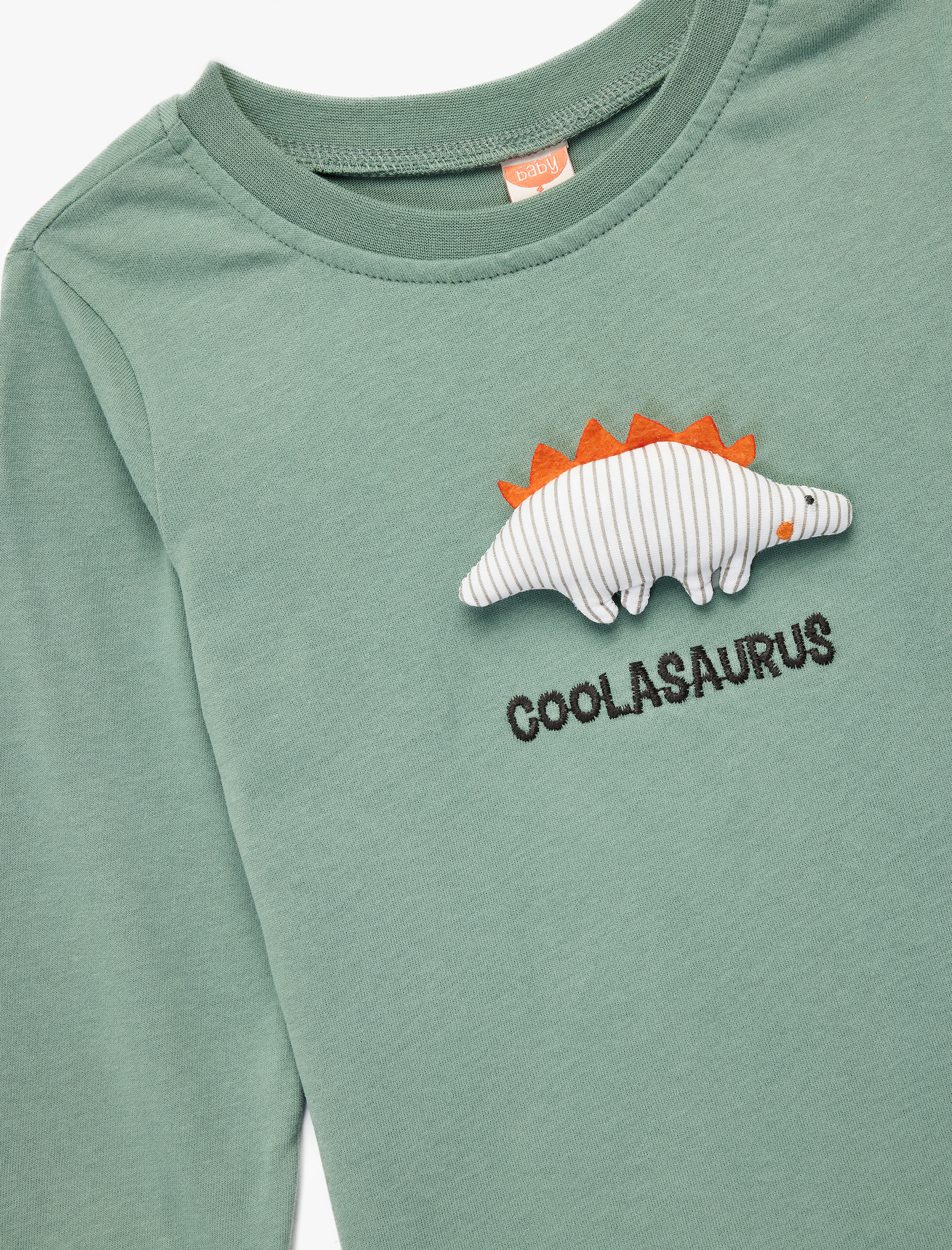  Erkek Bebek Uzun Kollu Bisiklet Yaka Dinozor Aplikeli Pamuklu Tişört