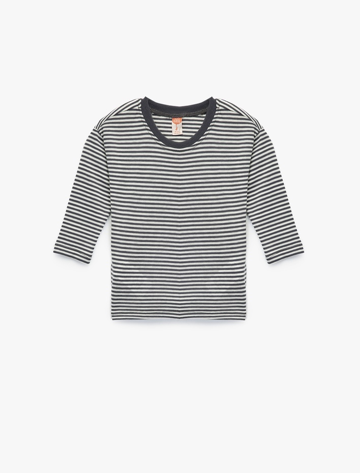 Erkek Bebek Uzun Kollu Bisiklet Yaka Pamuklu Çizgili Tişört