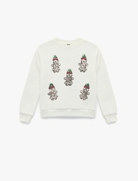 Şardonlu Uzun Kollu Bisiklet Yaka Pullu Payetli Yılbaşı Sweatshirt