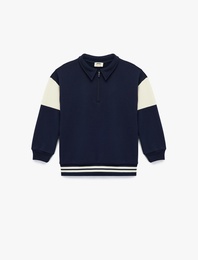Şardonlu Uzun Kollu Fermuar Detaylı Polo Yaka Sweatshirt