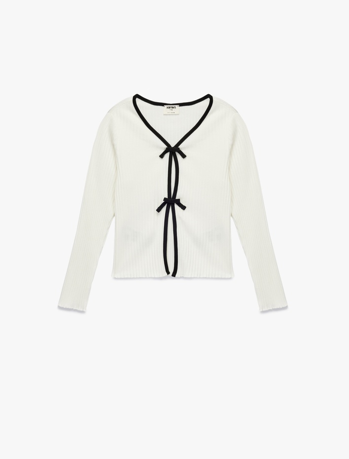 Kız Çocuk Pamuklu Uzun Kollu V Yaka Bağlama Detaylı Tişört