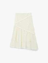 Dantel Detaylı Beli Lastikli Volanlı Midi Etek