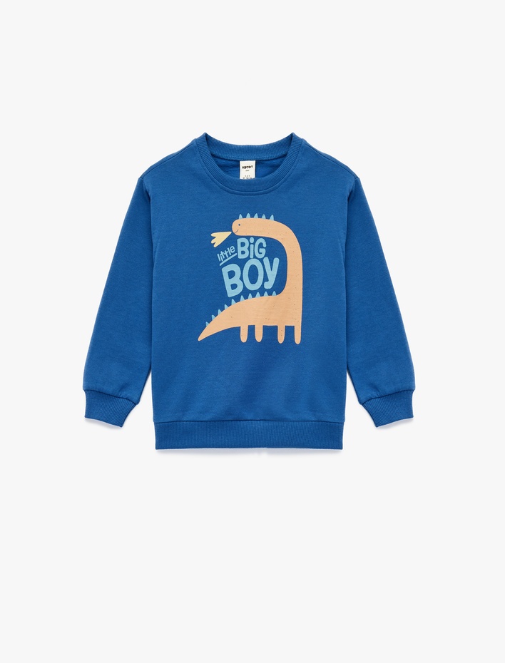 Erkek Bebek Pamuklu Dinozor Baskılı Uzun Kollu Bisiklet Yaka Şardonlu Sweatshirt