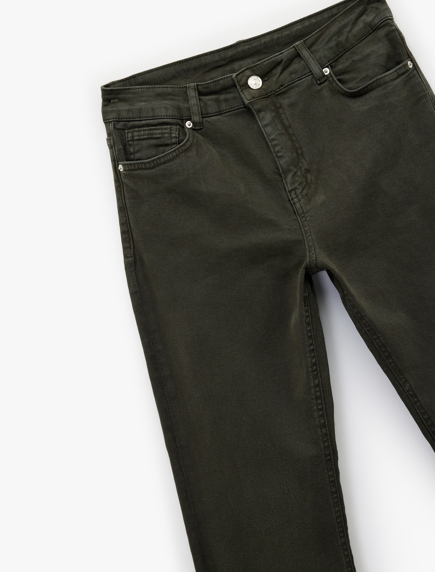   Pamuklu Dar Kalıp Düğmeli Cepli İspanyol Paça Crop Jean Pantolon -  Kick Flare Jeans