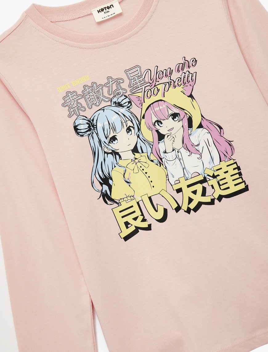  Kız Çocuk Pamuklu Uzun Kollu Bisiklet Yaka Anime Baskılı Tişört