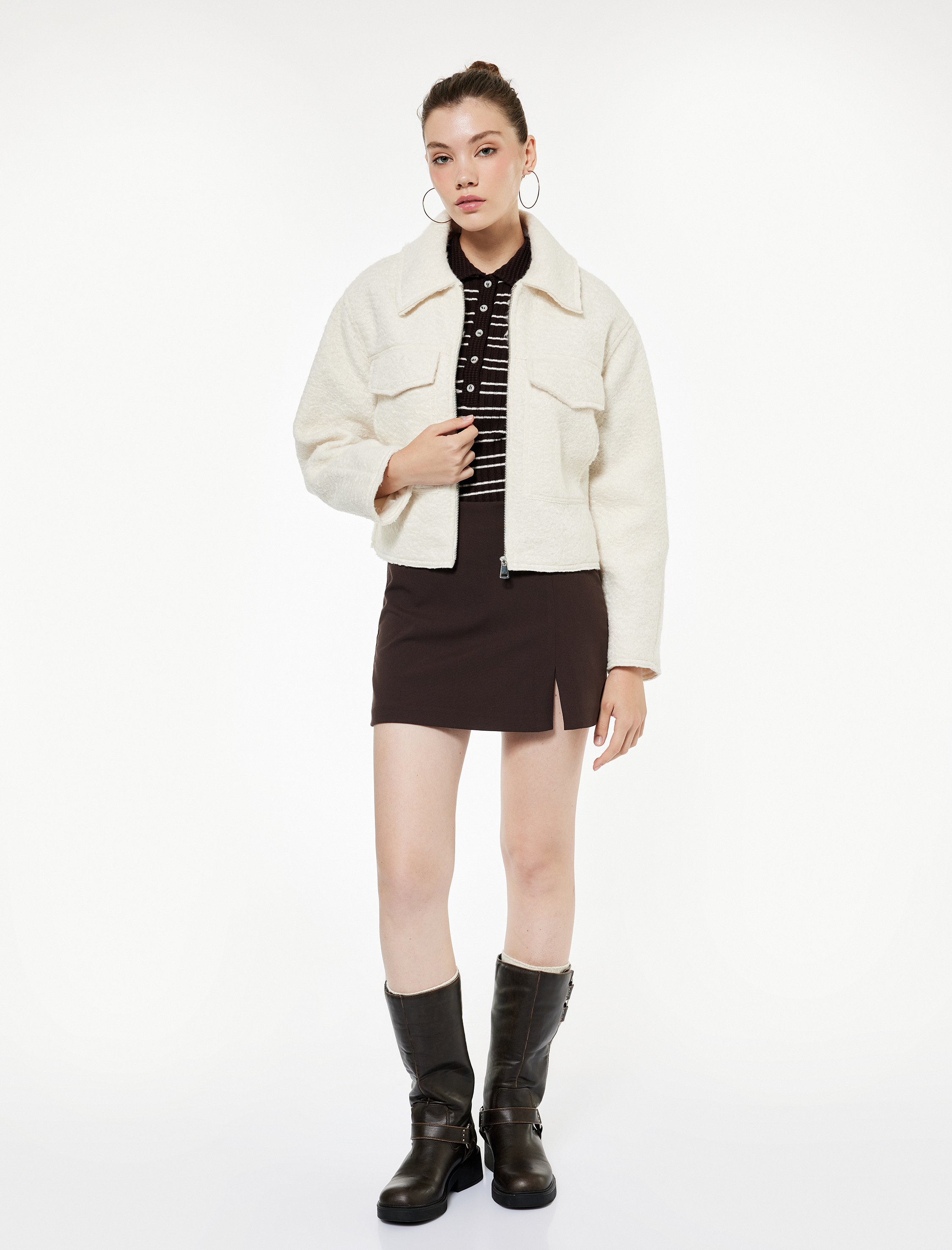   Uzun Kollu Fermuarlı Gömlek Yaka Bomber Mont