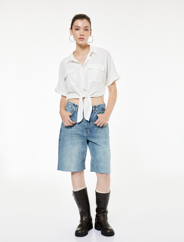  Rahat Kalıp Cep Detaylı Kısa Kollu Bağlamalı Crop Gömlek