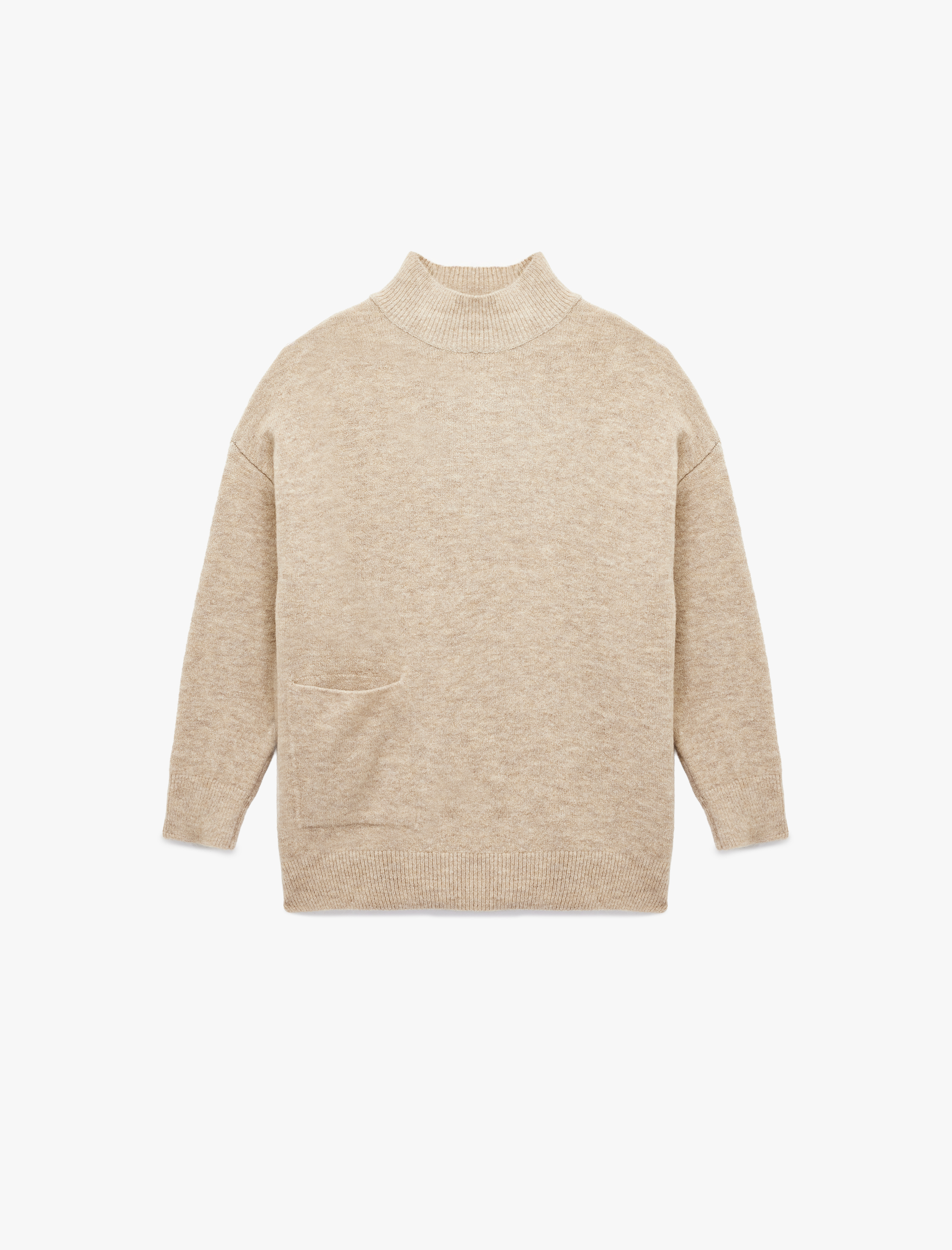   Dik Yaka Uzun Kollu Cep Detaylı Oversize Triko Tunik