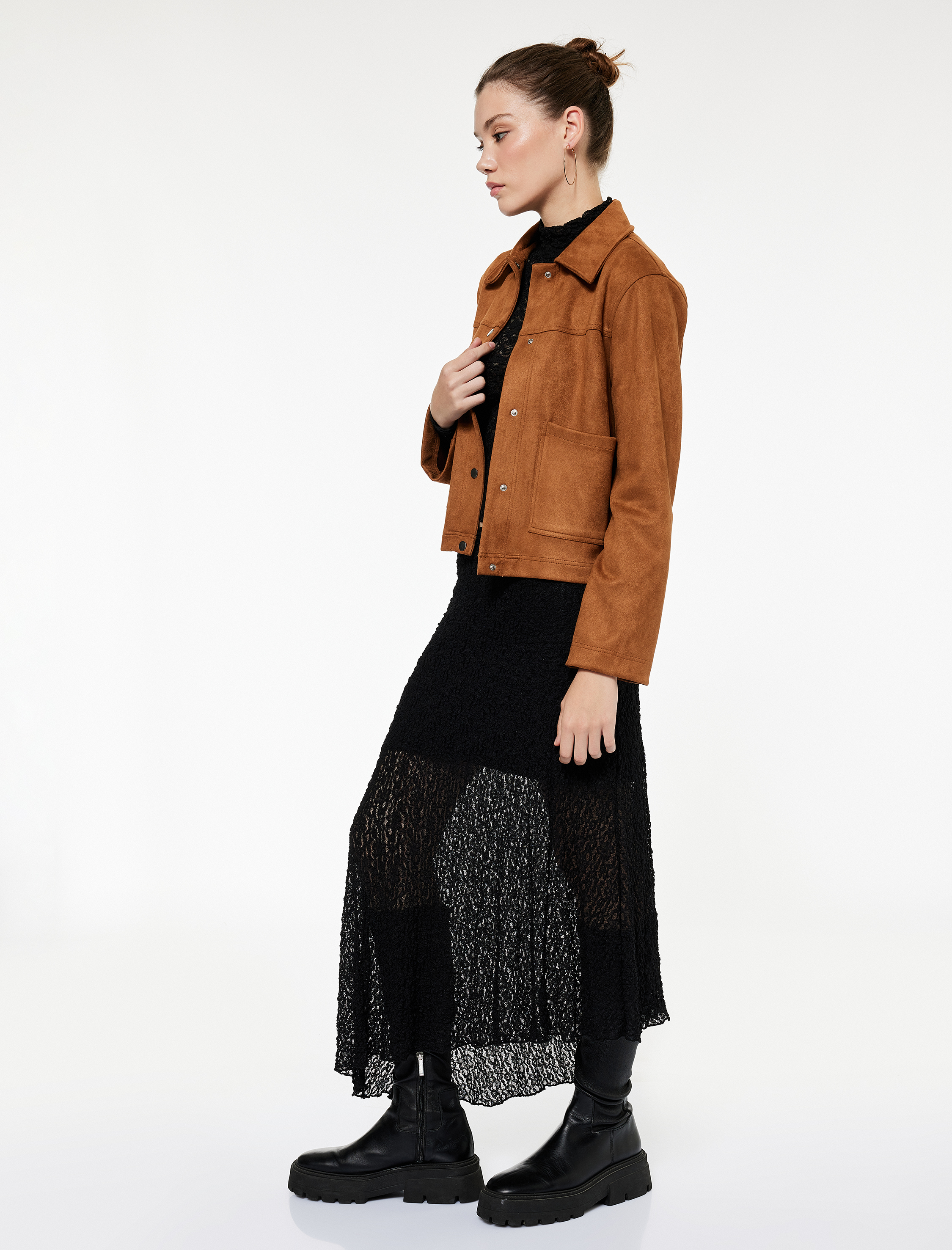   Yüksek Bel Asimetrik Kesim Midi Dantel Etek