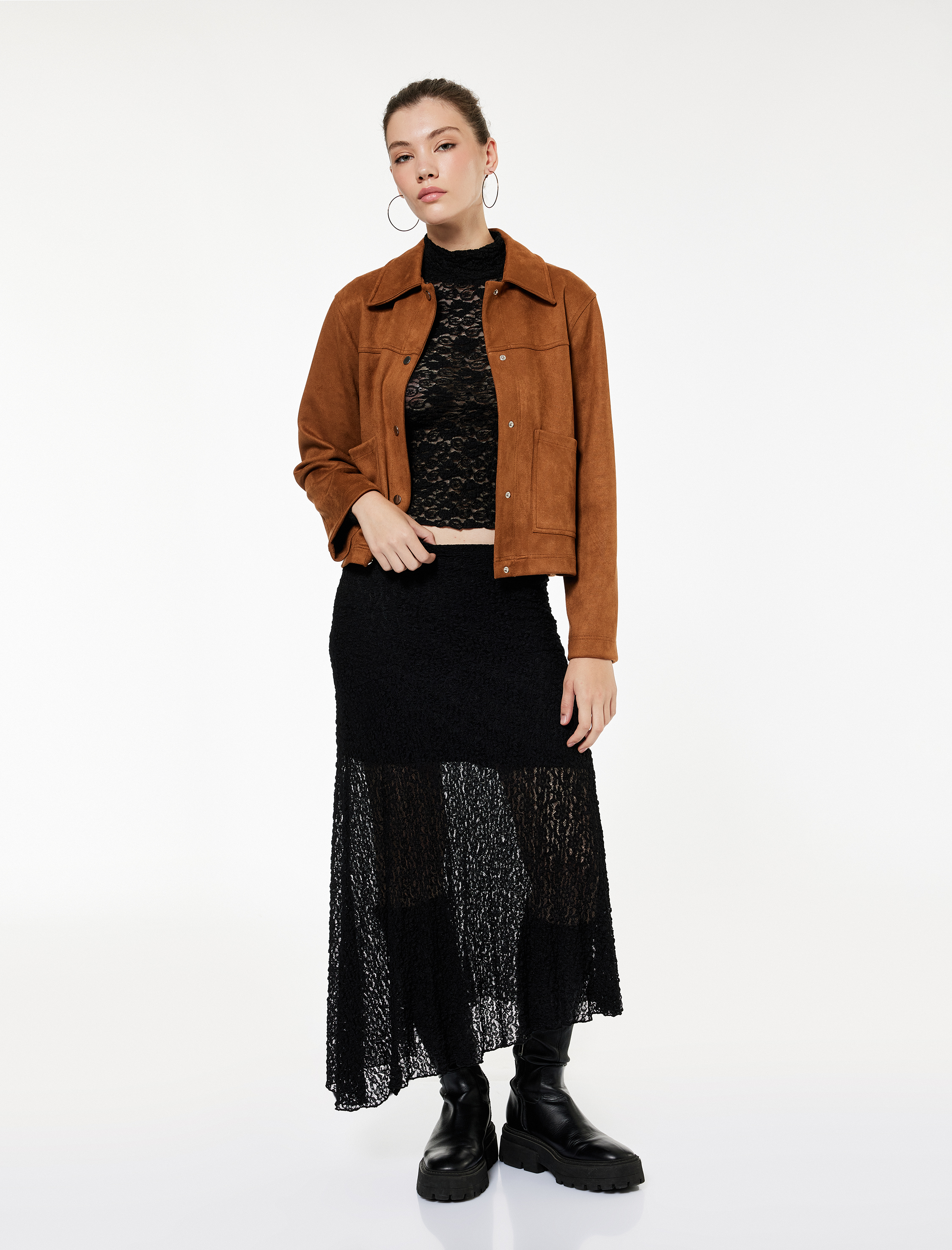   Yüksek Bel Asimetrik Kesim Midi Dantel Etek