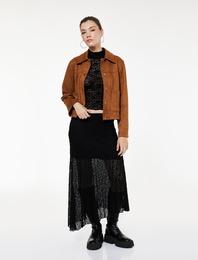 Yüksek Bel Asimetrik Kesim Midi Dantel Etek