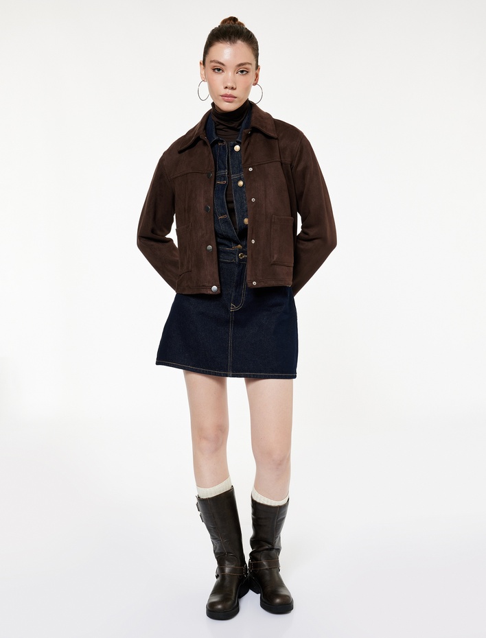  Kemer Detaylı A Kesim Mini Denim Etek