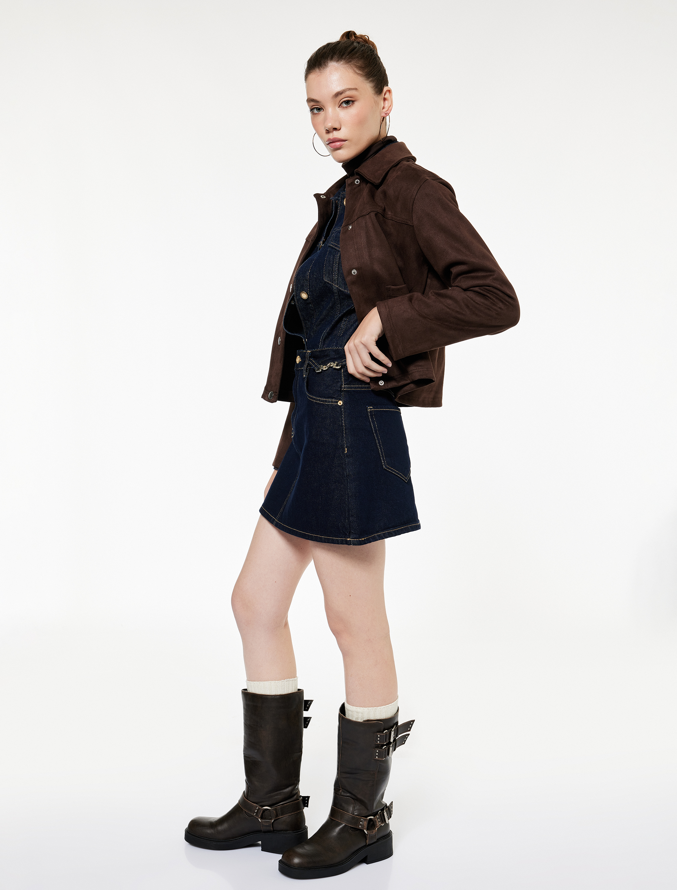   Kemer Detaylı A Kesim Mini Denim Etek