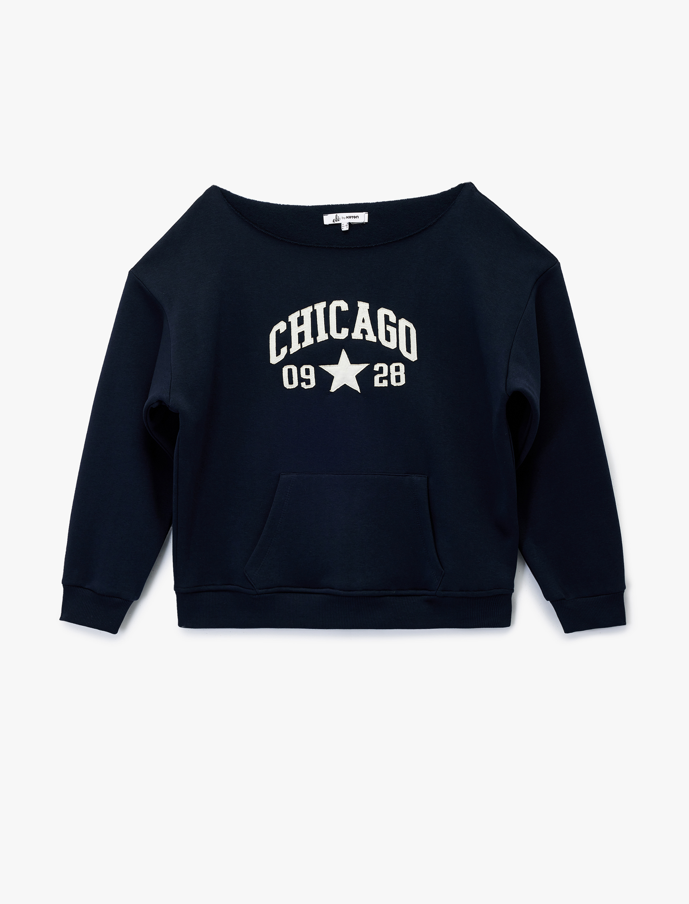   Nakışlı Şardonlu Kanguru Cepli Kayık Yaka Oversize Sweatshirt