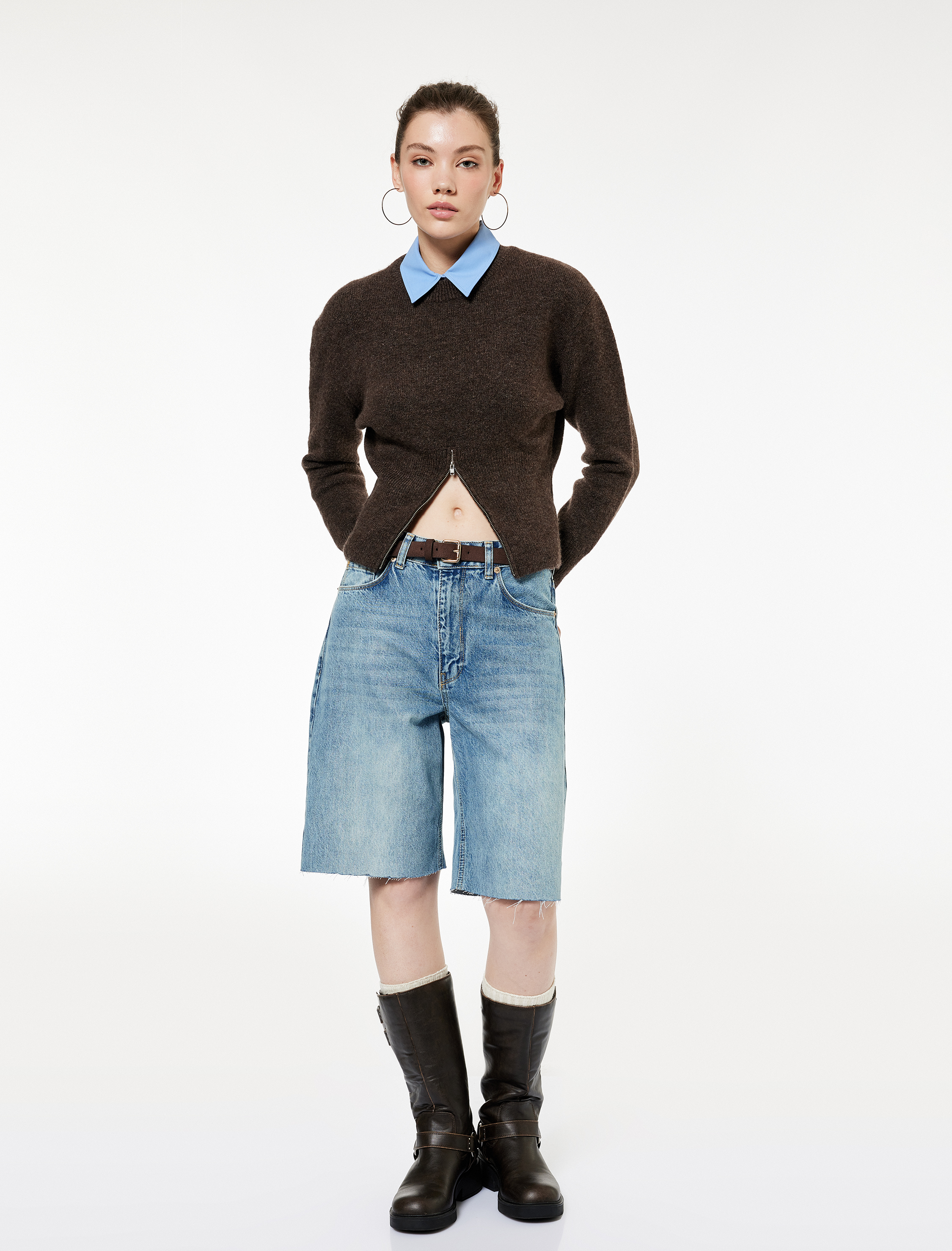   Uzun Kollu Bisiklet Yaka Fermuar Detaylı Triko Kazak