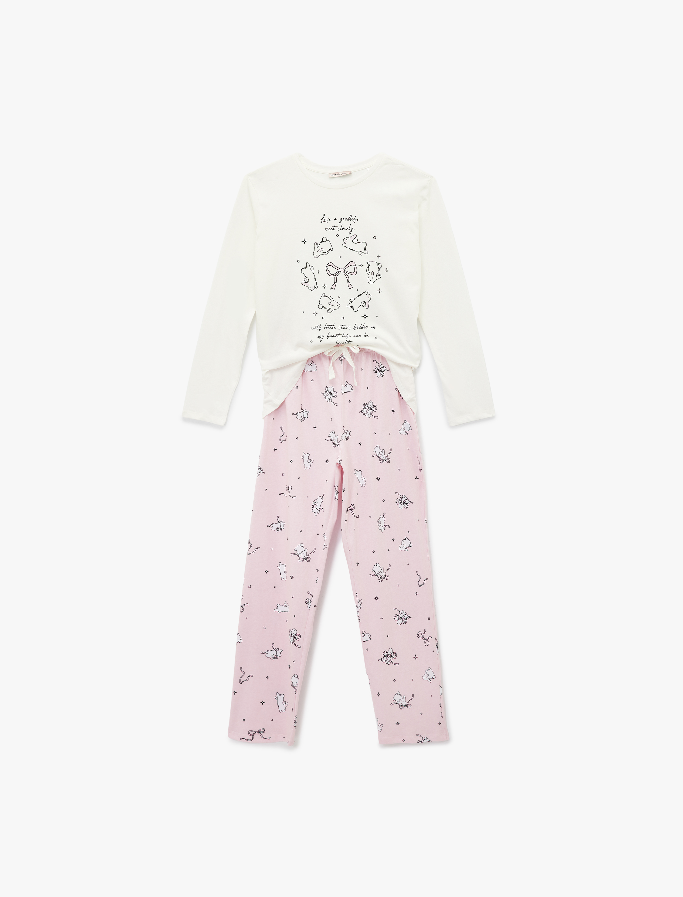   Tavşan Baskılı Uzun Kollu Bisiklet Yaka Pamuklu Pijama Takımı